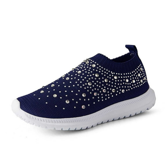 uvwlwu Women's Casual Shoes Breathable Mesh On Flat Comfortable Walking Shoes For Daily Wear With Rhinestone Design(Navy,6.5)