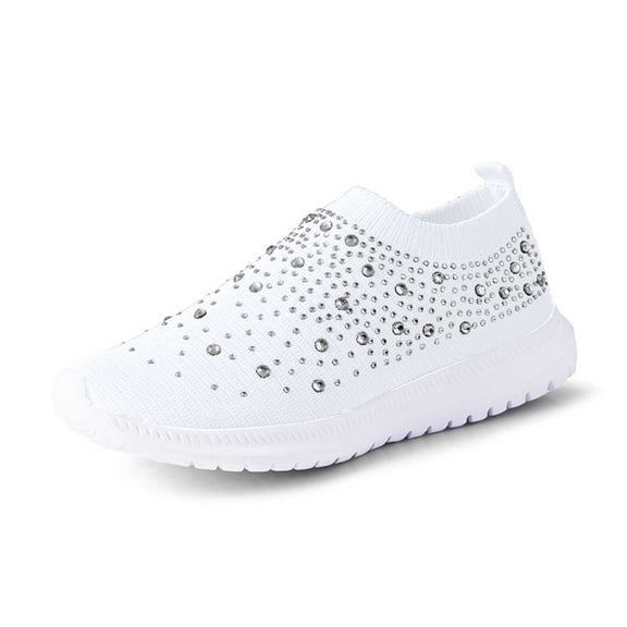 uvwlwu Women's Casual Shoes Breathable Mesh On Flat Comfortable Walking Shoes For Daily Wear With Rhinestone Design(White,6.5)