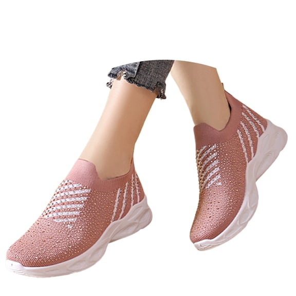 uvwlwu Women's Casual Shoes Breathable Mesh On Flat Sneakers With Rhinestone For Daily Wear Travel Workout Outdoor Activities(Pink,8)
