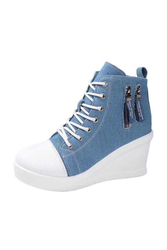Women's Casual Shoes Fashion Platform Sneakers Comfortable On Lace Up Heel Everyday Walking Shoes For Women Stylish Solid Color Side Zipper Design(Light Blue,6)