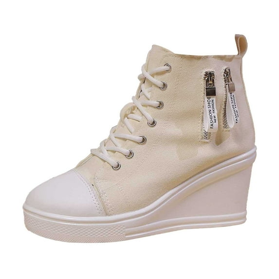 uvwlwu Women's Casual Shoes Fashion Platform Sneakers Comfortable On Lace Up Heel Everyday Walking Shoes For Women Stylish Solid Color Side Zipper Design(White,6.5)