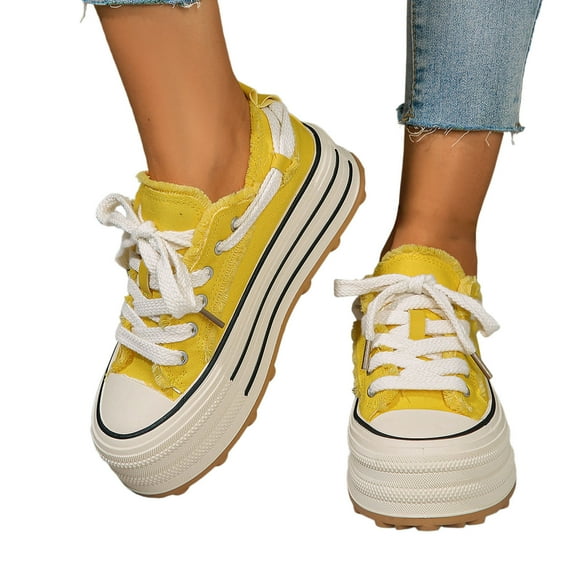uvwlwu Women's Casual Shoes With Thick Sole For Everyday Wear Stylish Low Top Sneakers With Lace Up Design Comfortable Fashion Footwear For All Seasons For Jeans(Yellow,6.5)