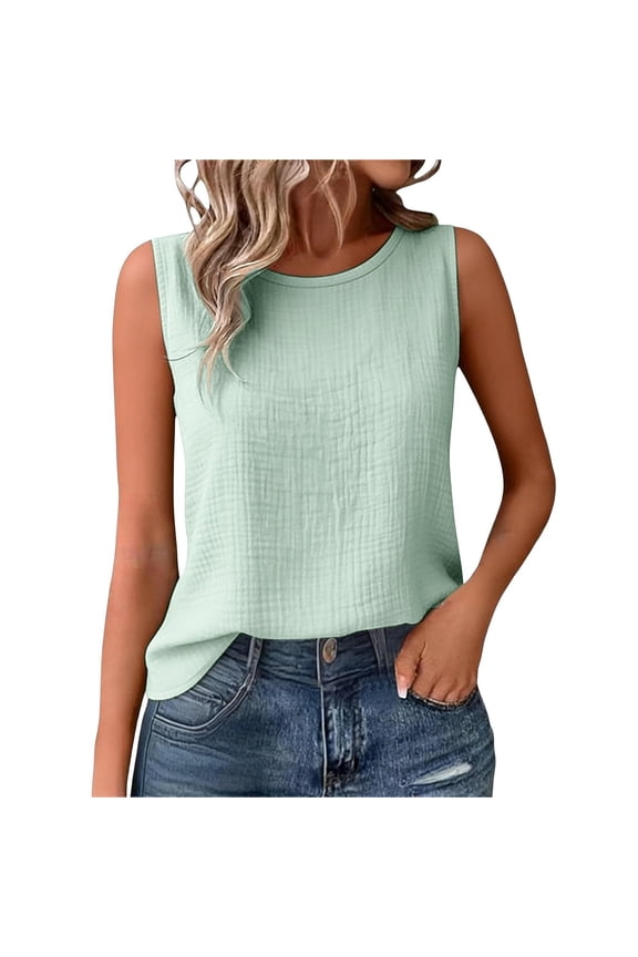 uvwlwu Women's Crinkle Gauze Sleeveless Tank Top Round Neck Casual Loose-Fit Breathable Everyday Camisole,M