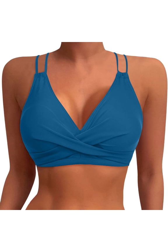 Women's Double Strap Twist Front Bikini Top Solid Black V-Neck Swim Bra for Beach Pool Party Dance Performance,S