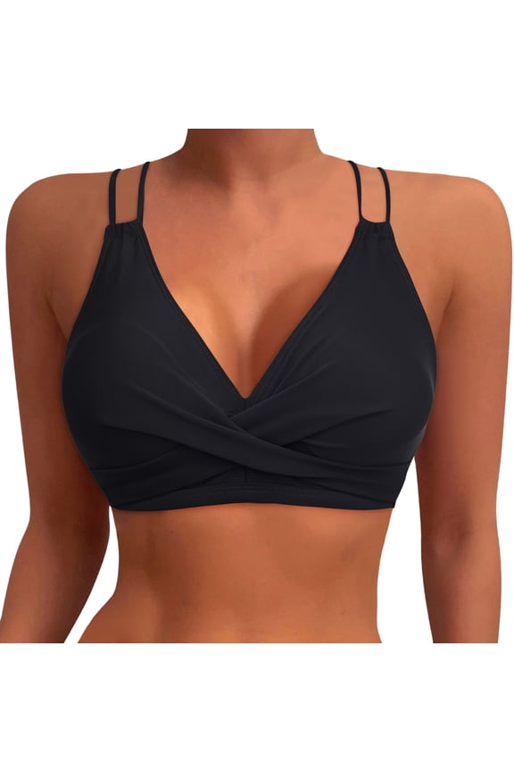 Women's Double Strap Twist Front Bikini Top Solid Black V-Neck Swim Bra for Beach Pool Party Dance,S