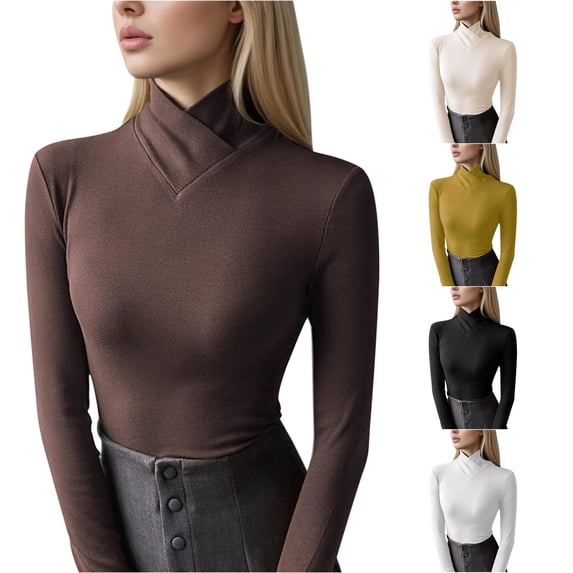 uvwlwu Women's Neck Base Layer Tops, Cross Wrap Turtleneck, Slim Fitted Fit, Ribbed Texture, for Cool Days and Cozy Layering,M