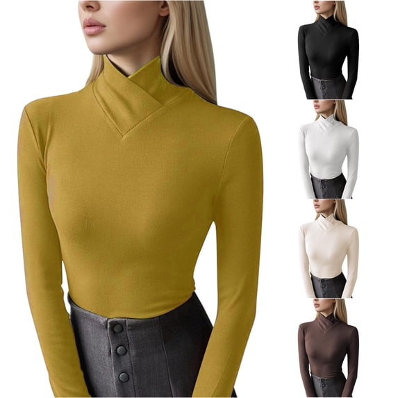 uvwlwu Women's Neck Base Layer Tops, Cross Wrap Turtleneck, Slim Fitted Fit, Ribbed Texture, for Cool Days and Cozy Layering,XL