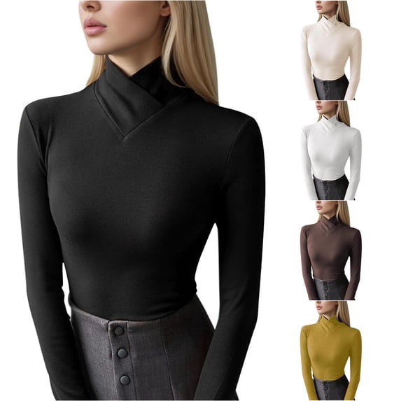 uvwlwu Women's Neck Base Layer Tops, Cross Wrap Turtleneck, Slim Fitted Fit, Ribbed Texture, for Cool Days and Cozy Layering,XXL