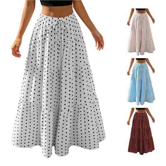 uvwlwu Women's Polka Dot Maxi Skirt Elastic High Waist Tiered Ruffle Flowy A Line Lightweight Versatile Four Season Casual Vacation Everyday Bottom,XXL