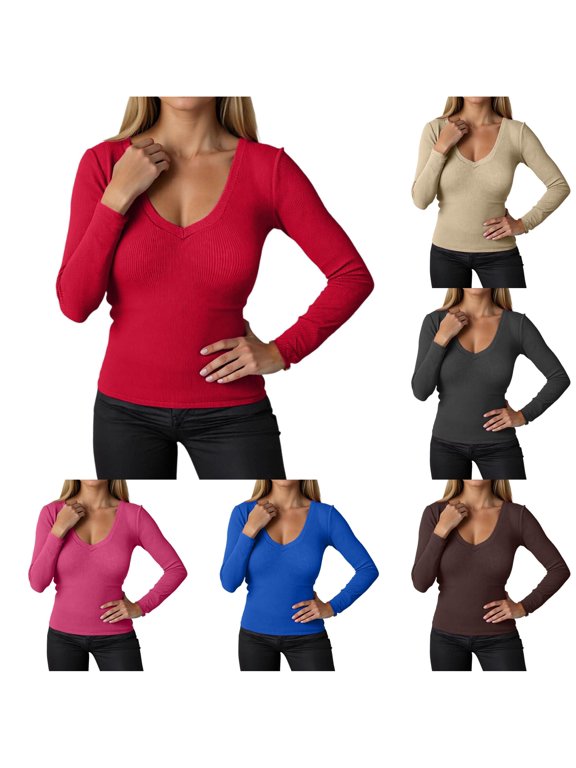 uvwlwu Women's Ribbed V Neck Tops, Deep Neck, Slim Fitted Fit, Soft Basic for Off-Duty and Layering, Vertical Rib Knit,S
