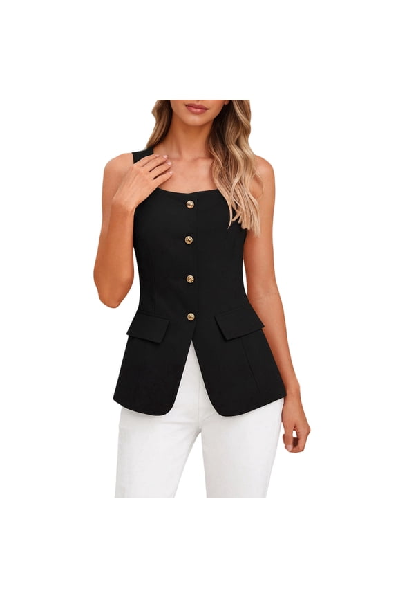 uvwlwu Women's Square Neck Button-Front Tailored Vest Sleeveless Business Casual Layering Tank Blouse,S