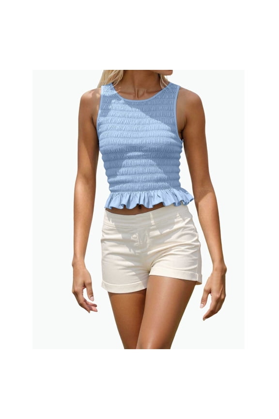 uvwlwu Women's Square Neck Sleeveless Crop Top Smocked Ruffle Hem Casual Summer Tank Basic Daily Wear,L