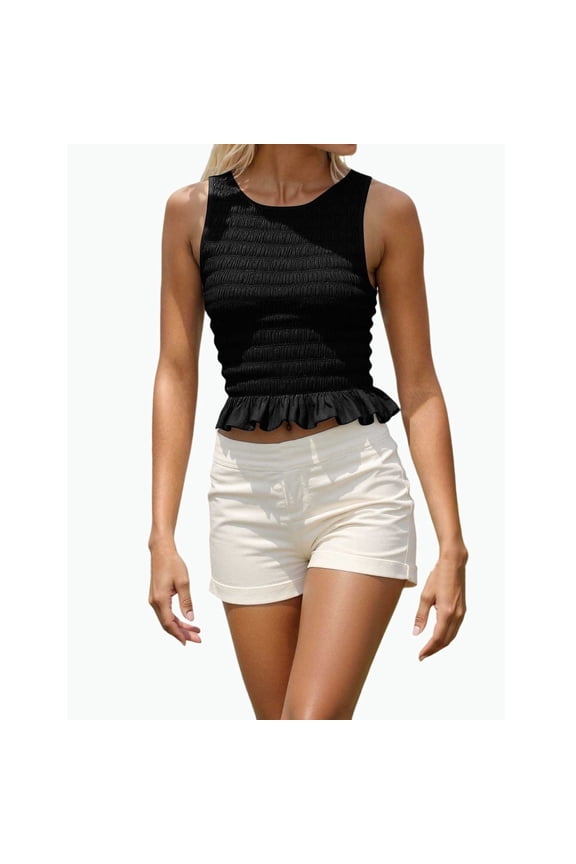 uvwlwu Women's Square Neck Sleeveless Crop Top Smocked Ruffle Hem Casual Summer Tank Basic Daily Wear,M