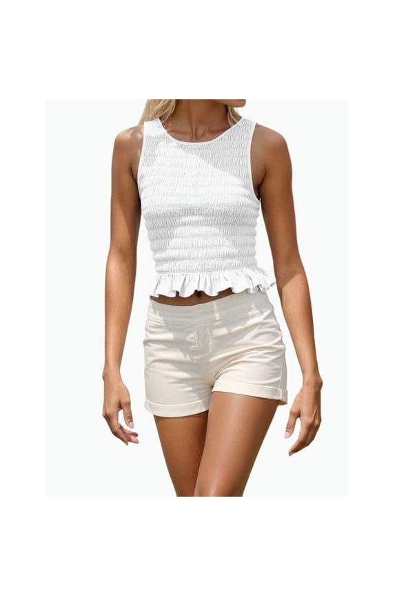 uvwlwu Women's Square Neck Sleeveless Crop Top Smocked Ruffle Hem Casual Summer Tank Basic Daily Wear,M