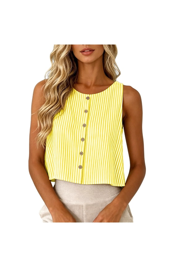 uvwlwu Women's Striped Button-Front Crop Top Round Neck Sleeveless Loose Fit Casual Summer Tank Blouse,L