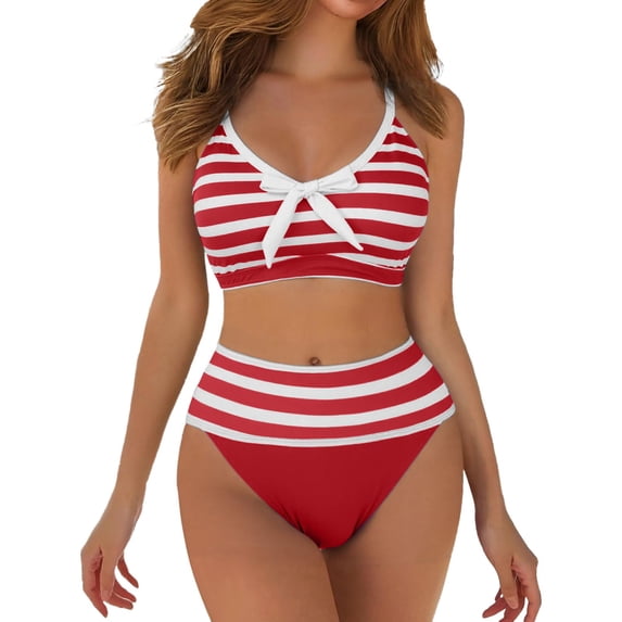 uvwlwu Women's Two Piece Striped Bikini Set with Bow Front Top and High Waist Bottom Bathing Suit,XL