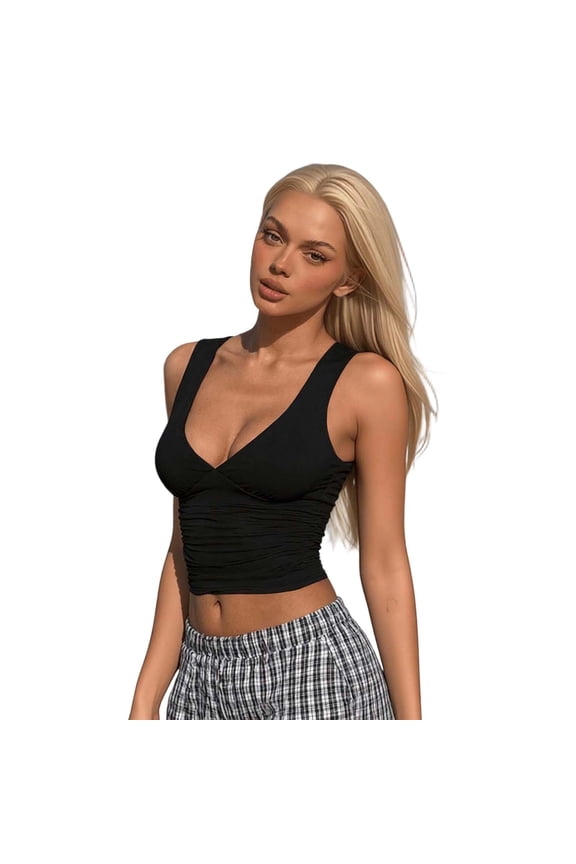 uvwlwu Women's V-Neck Ruched Crop Tank Top Wide Strap Sleeveless Slim Fit Casual Summer Camisole,S