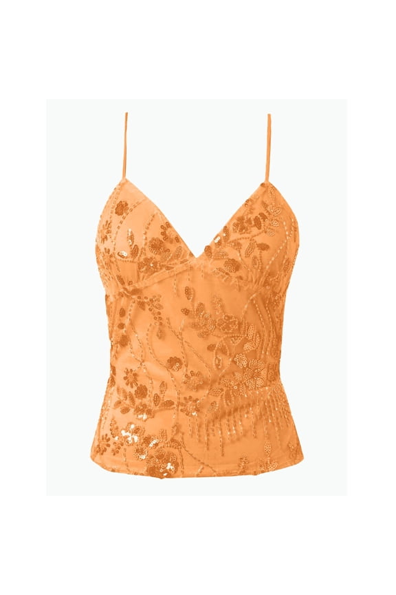 uvwlwu Women's V Neck Sequin Embroidered Mesh Cami Top Spaghetti Strap Sheer Fringe Tank For Summer Party,S