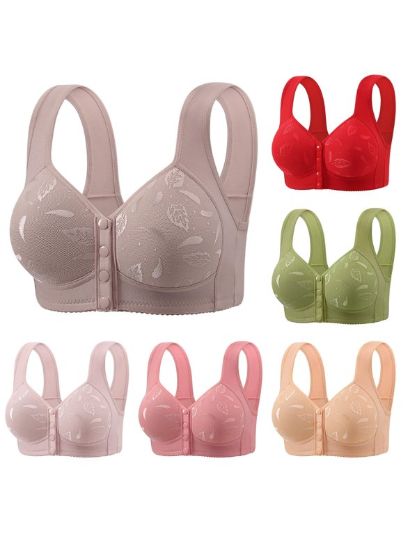 uvwlwu Women's Wireless Front Button Closure Bra Leaf Jacquard Mesh Wide Tank Straps Soft Lift Support Easy Wear Everyday Leisure Ladies Bra,46