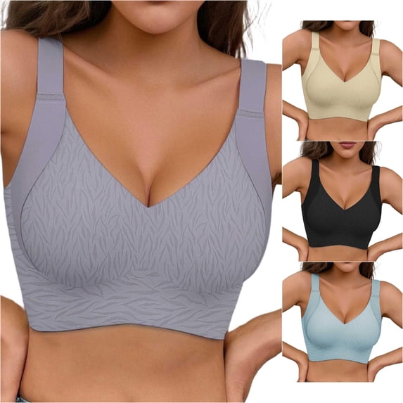 uvwlwu Women's Wireless Seamless V Neck T Shirt Bra Subtle Textured Fabric Wide Adjustable Straps Full Coverage Gentle Lift Support Soft Plus Size Everyday Ladies Underwear Bra,XXL