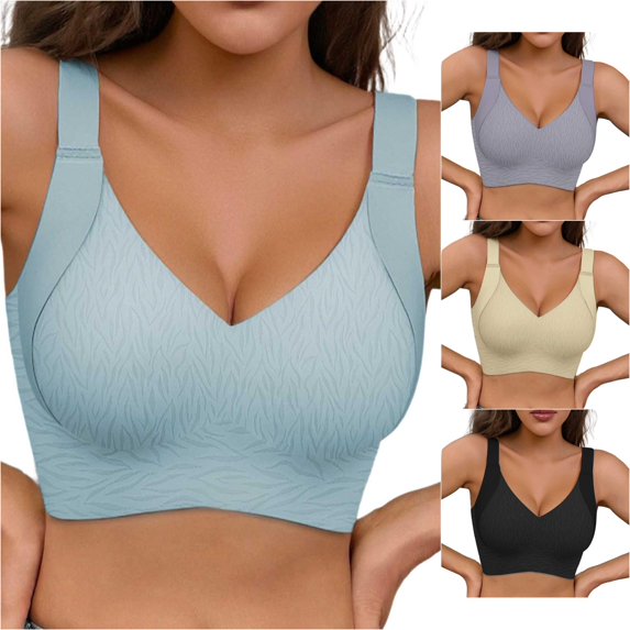 uvwlwu Women's Wireless Seamless V Neck T Shirt Bra Subtle Textured Fabric Wide Adjustable Straps Full Coverage Gentle Lift Support Soft Plus Size Everyday Ladies Underwear Bra,L