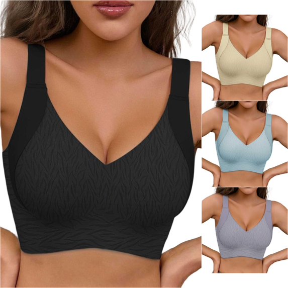 uvwlwu Women's Wireless Seamless V Neck T Shirt Bra Subtle Textured Fabric Wide Adjustable Straps Full Coverage Gentle Lift Support Soft Plus Size Everyday Ladies Underwear Bra,XXL
