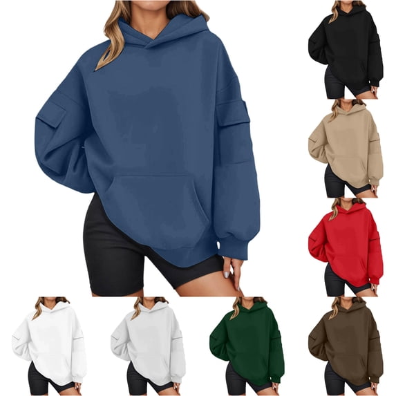 uvwlwu Womens Cargo Sleeve Pocket Oversized Hoodie Long Sleeve Kangaroo Pocket Soft Street Cargo Fall Winter Casual Pullover Sweatshirt,L