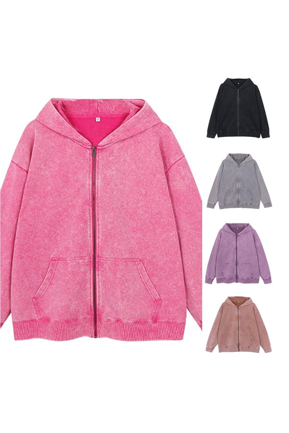 uvwlwu Womens Distressed Wash Heavyweight Full Zip Hooded Jacket Hood Kangaroo Pocket Oversized Soft Daily Street Casual Athleisure Layering Top,M