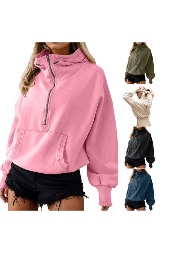 uvwlwu Womens High Collar Half Zip Bubble Cuff Hoodie Kangaroo Pocket Oversized Soft Casual Athleisure Pullover Sweatshirt,S