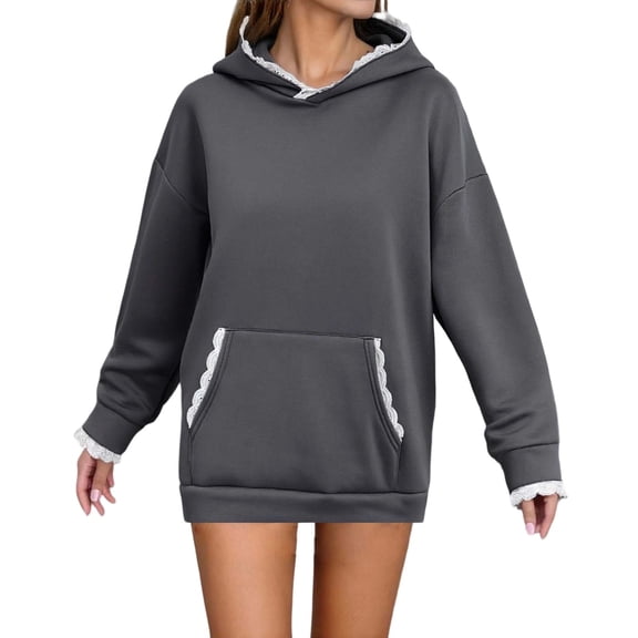 uvwlwu Womens Lace Trim Oversized Hooded Tunic Long Sleeve Kangaroo Pocket Soft Daily Casual Layering Pullover Sweatshirt,L