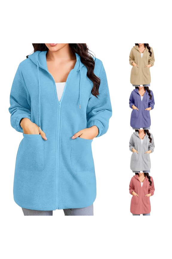 uvwlwu Womens Long Full Zip Lined Hooded Tunic Jacket Patch Pockets Soft Athleisure Daily Loungewear Casual Outer Sweatshirt,S