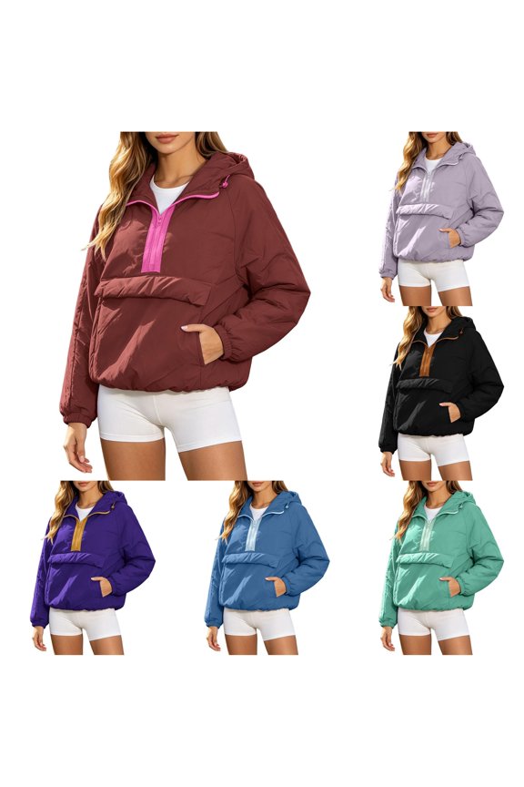 uvwlwu Womens Oversized Half Zip Hooded Jacket Long Sleeve Pockets Warm Fall Winter Casual Daily Athleisure Outer Pullover,S