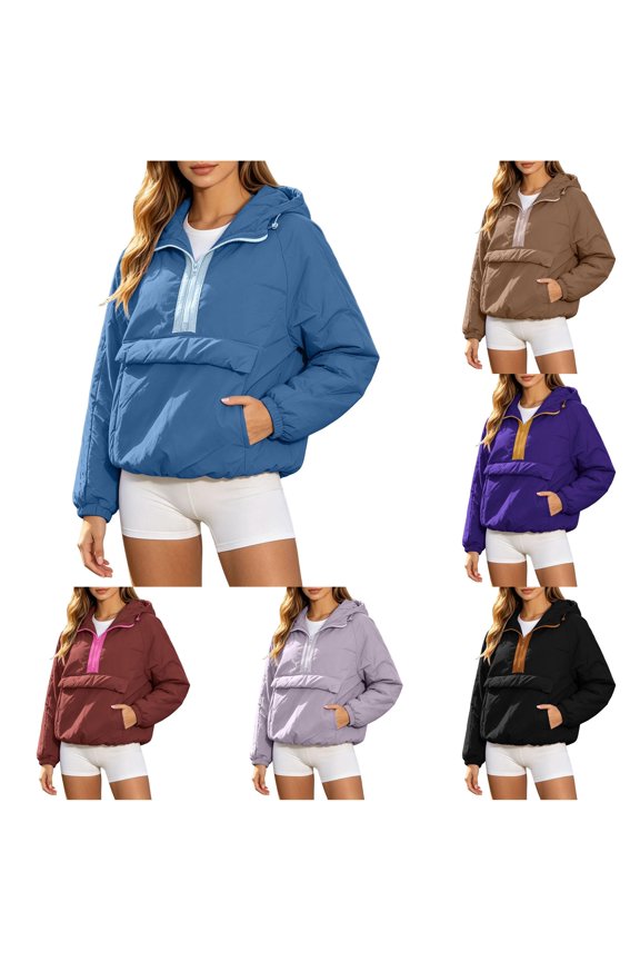 uvwlwu Womens Oversized Half Zip Hooded Jacket Long Sleeve Pockets Warm Fall Winter Casual Daily Athleisure Outer Pullover,S