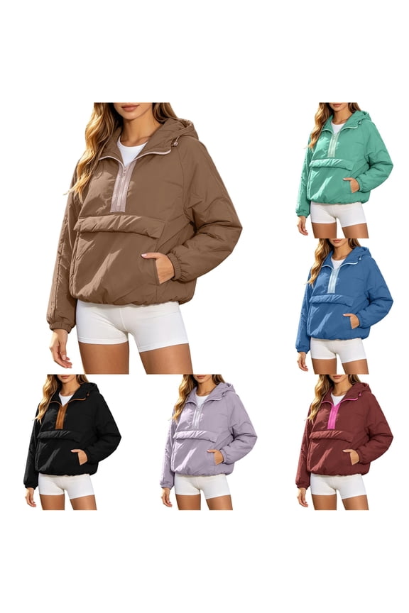 uvwlwu Womens Oversized Half Zip Hooded Jacket Long Sleeve Pockets Warm Fall Winter Casual Daily Athleisure Outer Pullover,XXL