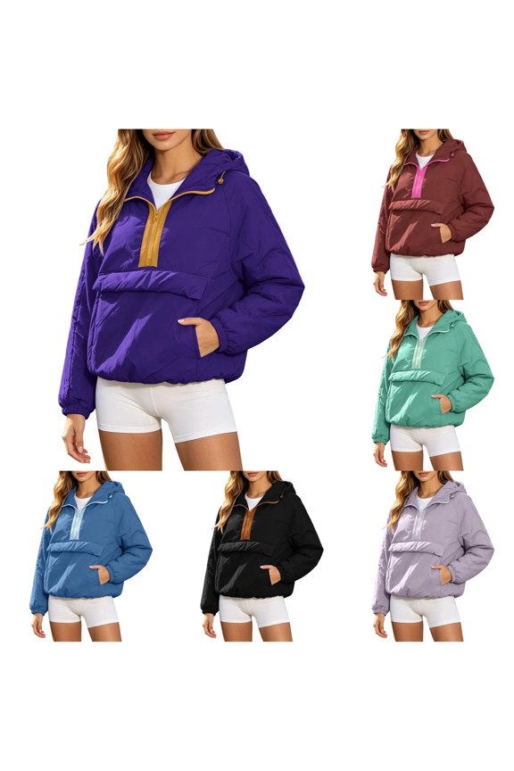 uvwlwu Womens Oversized Half Zip Hooded Jacket Long Sleeve Pockets Warm Fall Winter Casual Daily Athleisure Outer Pullover,XXL