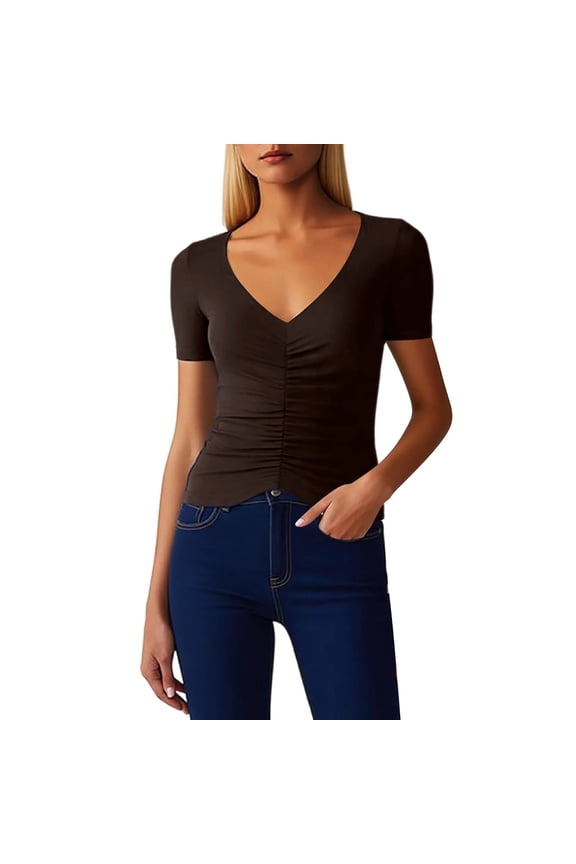 uvwlwu Womens Summer Tops,Commute Blouse Elegant Smocked Neckline Slim Fit Waist Defining Solid Color Top,M