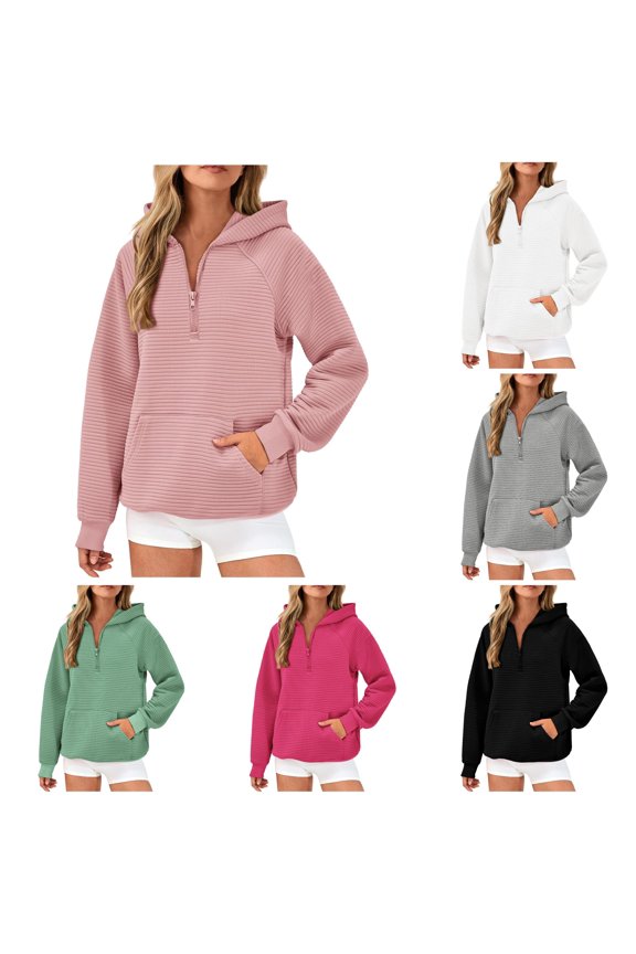 uvwlwu Womens Vertical Rib Texture Quarter Zip Hoodie Raglan Sleeve Kangaroo Pocket Stretch Soft Fall Athleisure Casual Pullover Sweatshirt,S