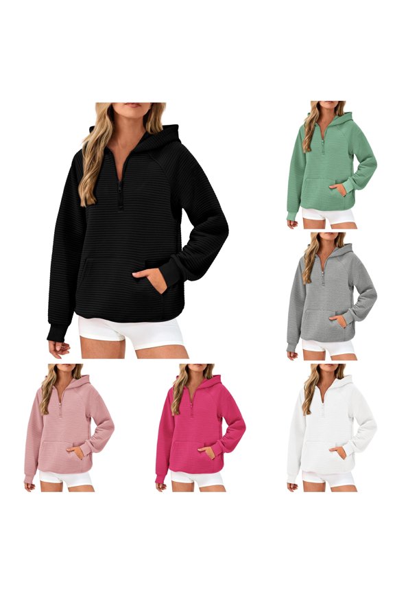uvwlwu Womens Vertical Rib Texture Quarter Zip Hoodie Raglan Sleeve Kangaroo Pocket Stretch Soft Fall Athleisure Casual Pullover Sweatshirt,S