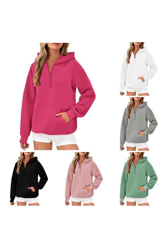 uvwlwu Womens Vertical Rib Texture Quarter Zip Hoodie Raglan Sleeve Kangaroo Pocket Stretch Soft Fall Athleisure Casual Pullover Sweatshirt,S