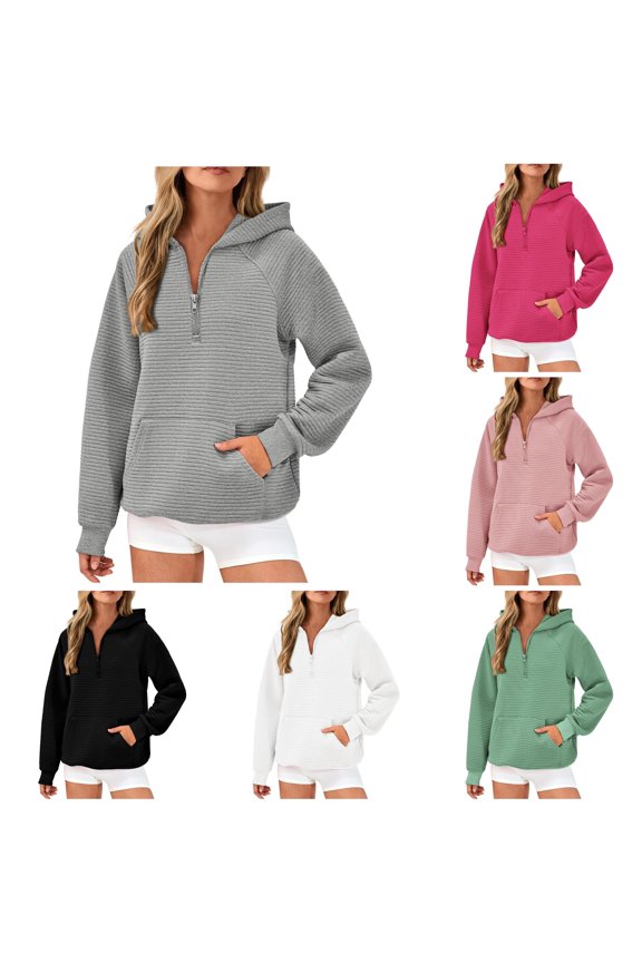 uvwlwu Womens Vertical Rib Texture Quarter Zip Hoodie Raglan Sleeve Kangaroo Pocket Stretch Soft Fall Athleisure Casual Pullover Sweatshirt,S