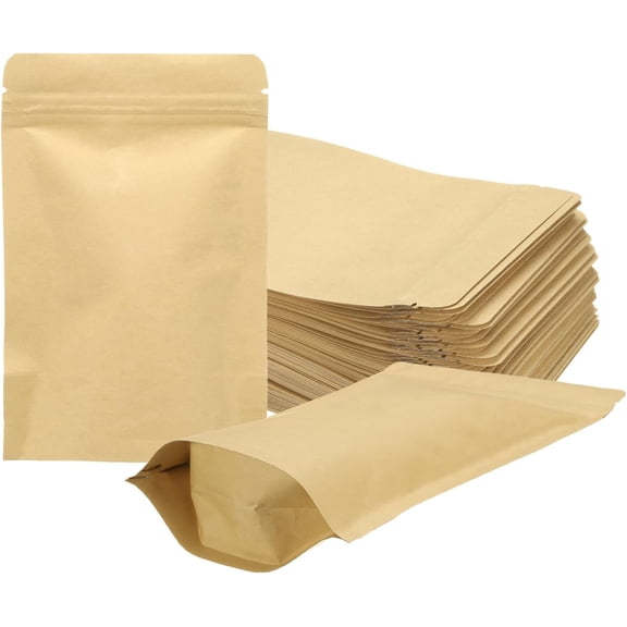uxcell 50pcs Kraft Stand Up Pouches Sealable Paper Bags Foil Resealable Seal Pouches Packaging Zipper Bags for Food Storage Sample Package, Yellow, 3.5x5.5 Inch