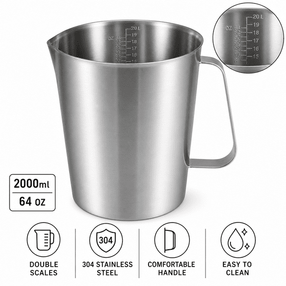 uxcell Measuring Cup 2000ml 64OZ, 2 Measuring Scales, Including ML Scale, Ounce Scale, 304 Stainless Steel Graduated Beaker with Handle for Lab Kitchen liquids