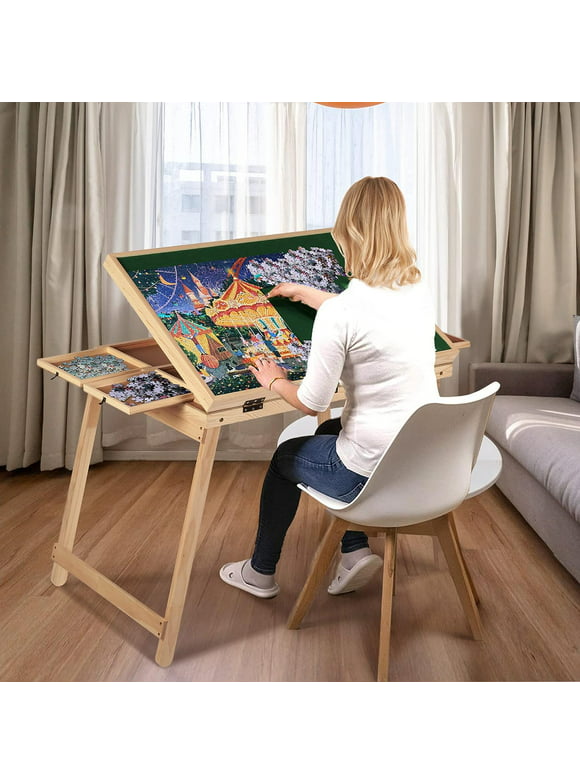 uyoyous 33.4" x 22.8" Jigsaw Puzzle Table with Legs and 4 Drawers, 1500 Pcs Portable Puzzle Board with Wooden Puzzle Cover, Kid Room Gift, Angles Adjustable