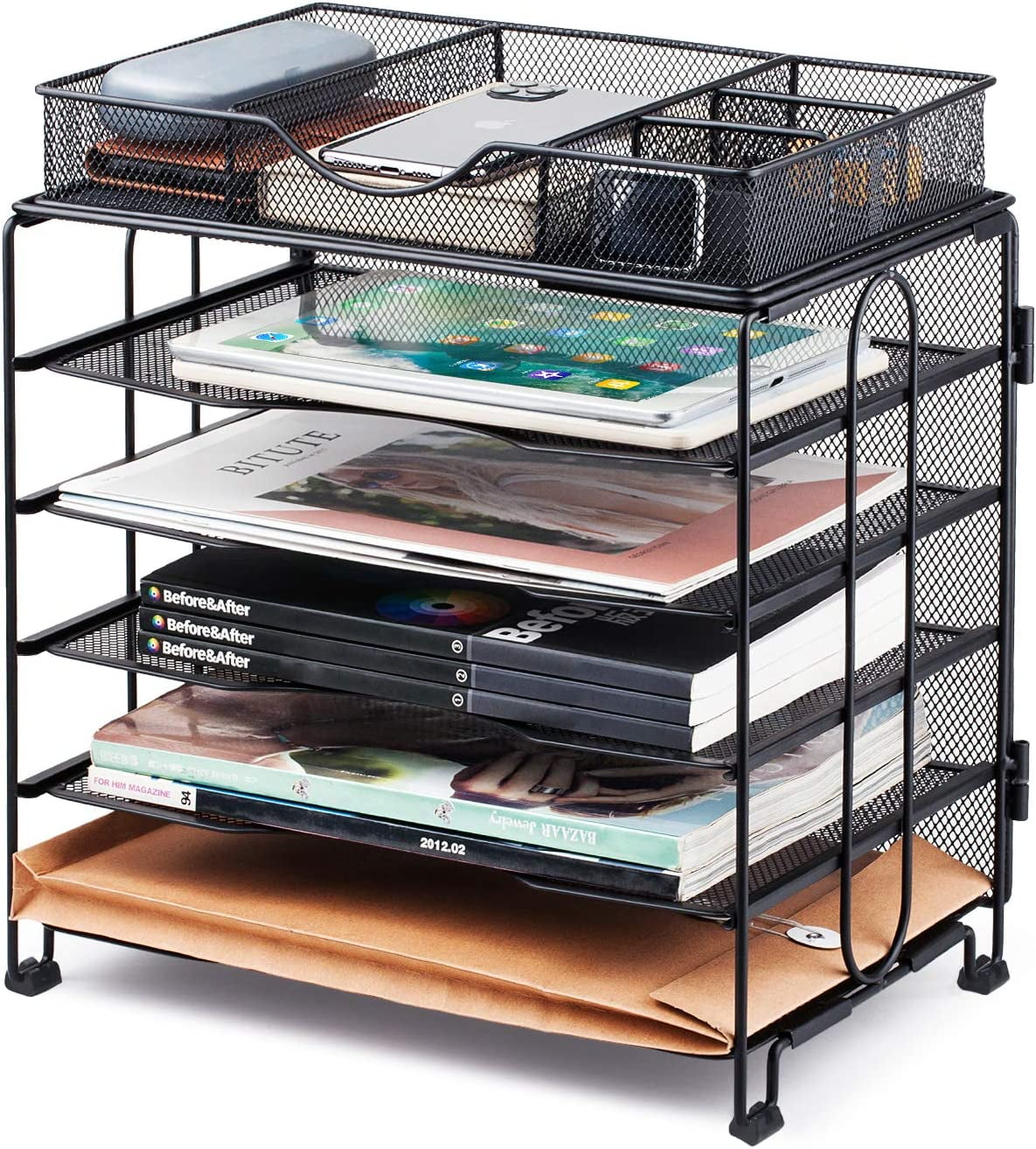 uyoyous 5Tier Black Metal Desk File Organizer with Sliding Drawer, for