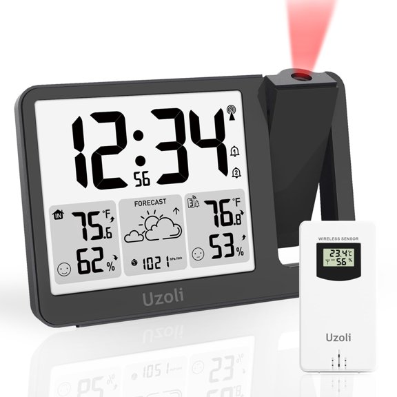 uzoli EM3539E Projection Alarm Clock, WWVB Atomic Projector Clock for Bedroom Ceiling, Projection Clocks with Sensor, Adjustable Backlight, Indoor Outdoor Temperature Humidity, Dual Alarms