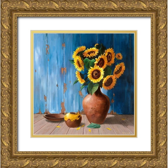 v.d. Valk, Karin 15x15 Gold Ornate Wood Framed with Double Matting Museum Art Print Titled - AGED WOOD AND SUNFLOWERS