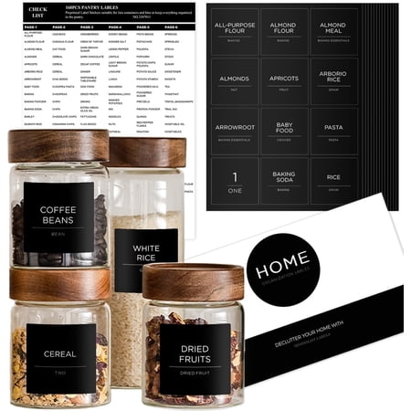 v2croft 168 Pantry Labels for Containers, Minimalist Black Matte Stickers White Fine Line Text, Preprinted Waterproof Label for Glass Jars, Bottles & Canisters, Kitchen Organization Storage