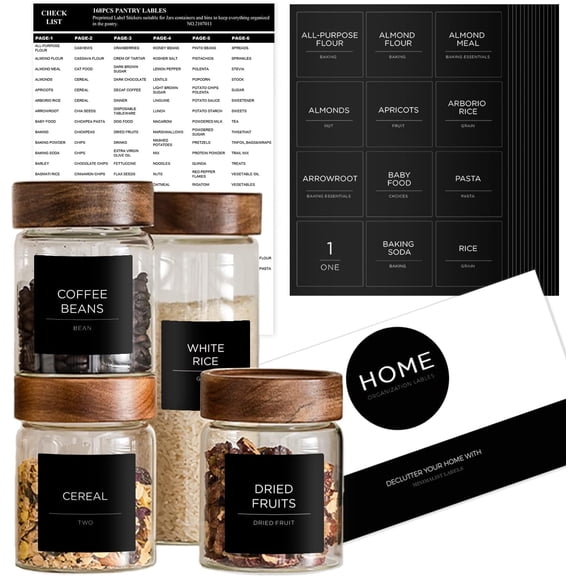 v2croft 168 Pantry Labels for Containers, Minimalist Black Matte Stickers White Fine Line Text, Preprinted Waterproof Label for Glass Jars, Bottles & Canisters, Kitchen Organization Storage