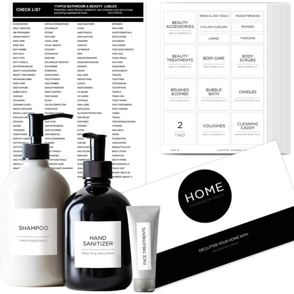 v2croft 174 Bathroom Labels for Containers, Minimalist White Matte Stickers Black Text, Waterproof Organization Lables for Bathroom Medicine Cabinet, Makeup, Cosmetics, Shower Bottles