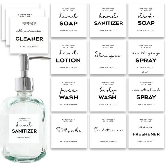 v2croft 36 Soap Labels Waterproof, Minimalist Hand Soap Labels for Bottles, Label Stickers for Lotion Dispenser, Shampoo, Conditioner, Dish Soap (White)